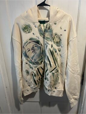 Cream Graphic Zip-Front Hoodie with Green Gem Motif